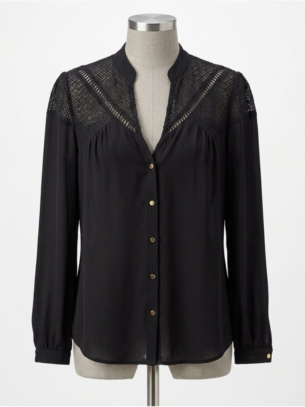 VTG Bebe Black 100% Mulberry Silk Y2K Peasant Blouse Lace Crochet Sheer Top XS